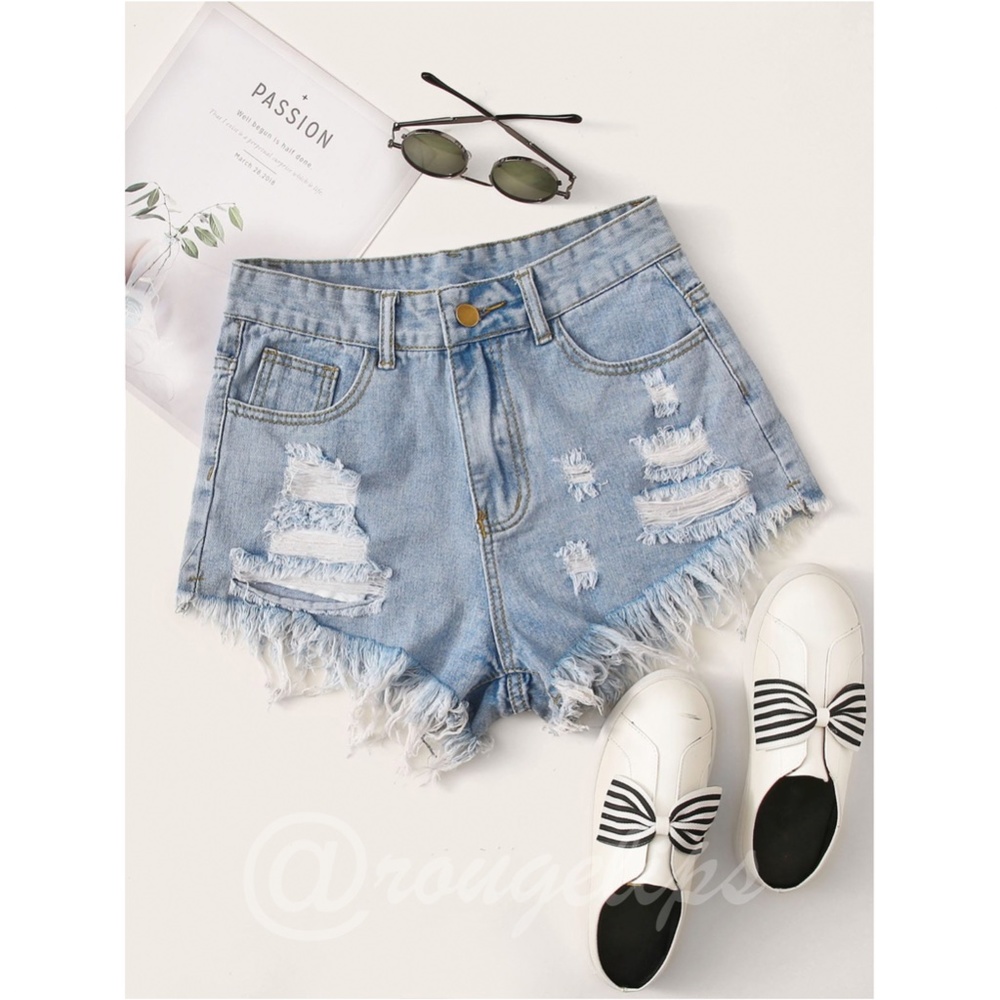Light Wash Blue Denim Shorts Distressed Ripped High Waist Raw Hem - Picture 7 of 15